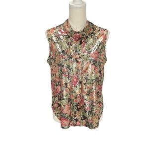 Gloria Lance Sleeveless Floral Metallic Button Back Small Cowl neck Blouse Sz M